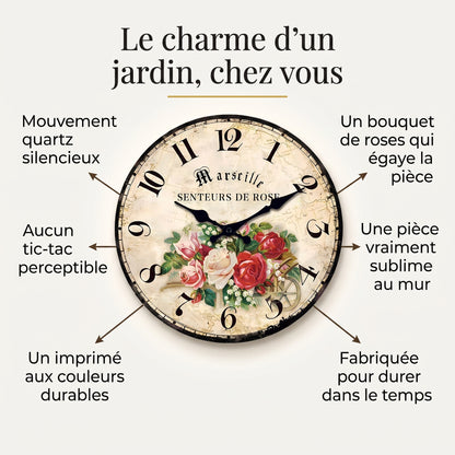 Horloge Murale Vintage Motif Rose en Bois et Bambou, Silencieuse et Romantique – Roséva
