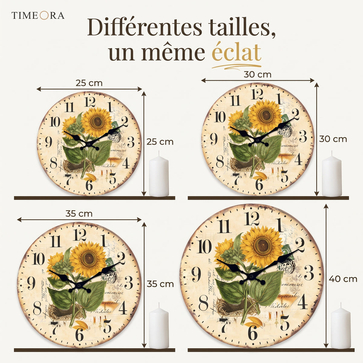 Horloge Murale en Bois, Silencieuse, Motif Tournesols – Héliantha