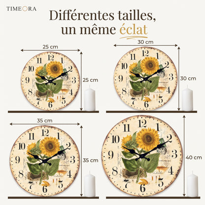 Horloge Murale en Bois, Silencieuse, Motif Tournesols – Héliantha