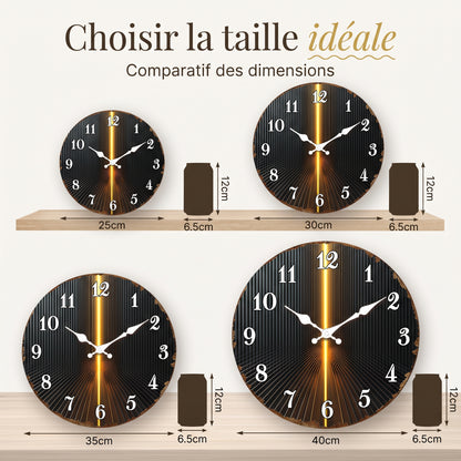 Horloge Murale Moderne Rayures Noir & Or, Silencieuse – Rayonna