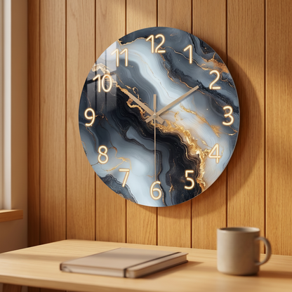 Horloge Murale en Bois Effet Marbre Bleu et Or, Silencieuse et Élégante – Auralis