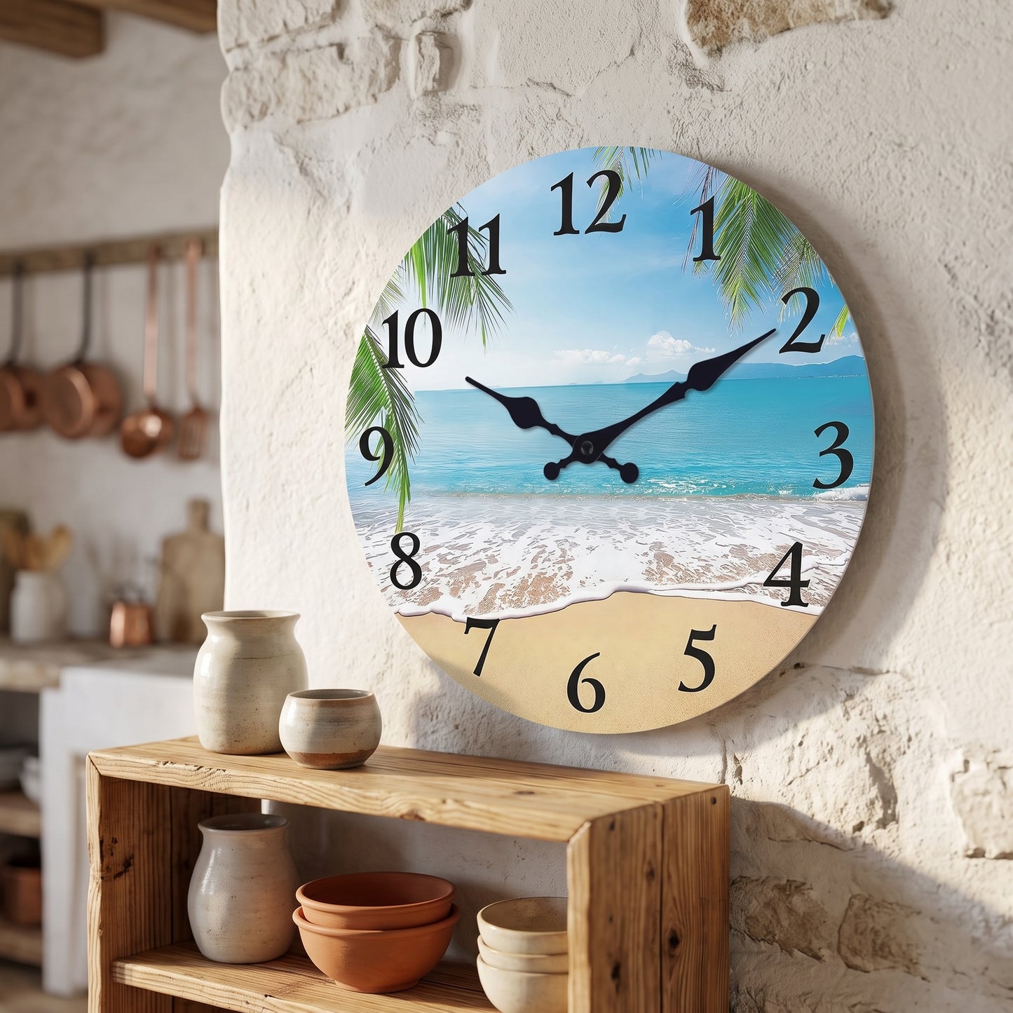 Horloge Murale Vintage Motif Plage en Bois, Silencieuse et Apaisante – Rivéa