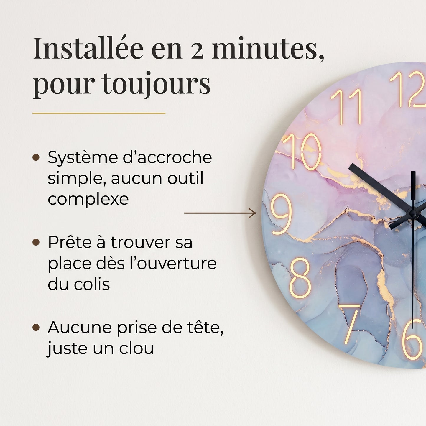 Horloge Murale Design en Verre Trempé Effet Marbre, Silencieuse et Moderne – Marelia