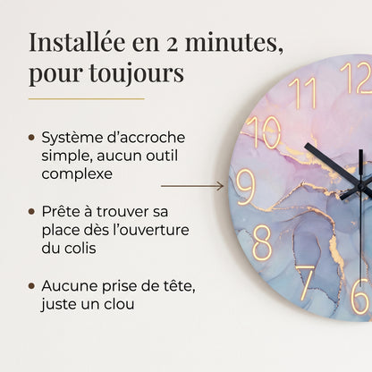 Horloge Murale Design en Verre Trempé Effet Marbre, Silencieuse et Moderne – Marelia