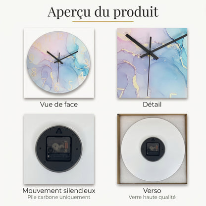 Horloge Murale Design en Verre Trempé Effet Marbre, Silencieuse et Moderne – Marelia