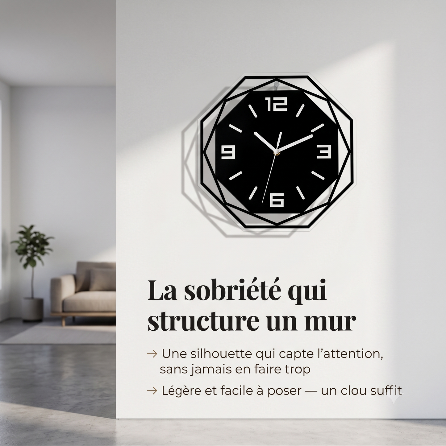 Horloge Murale Design Géométrique Noire, Silencieuse et Minimaliste – Geoma