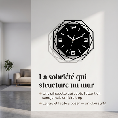 Horloge Murale Design Géométrique Noire, Silencieuse et Minimaliste – Geoma