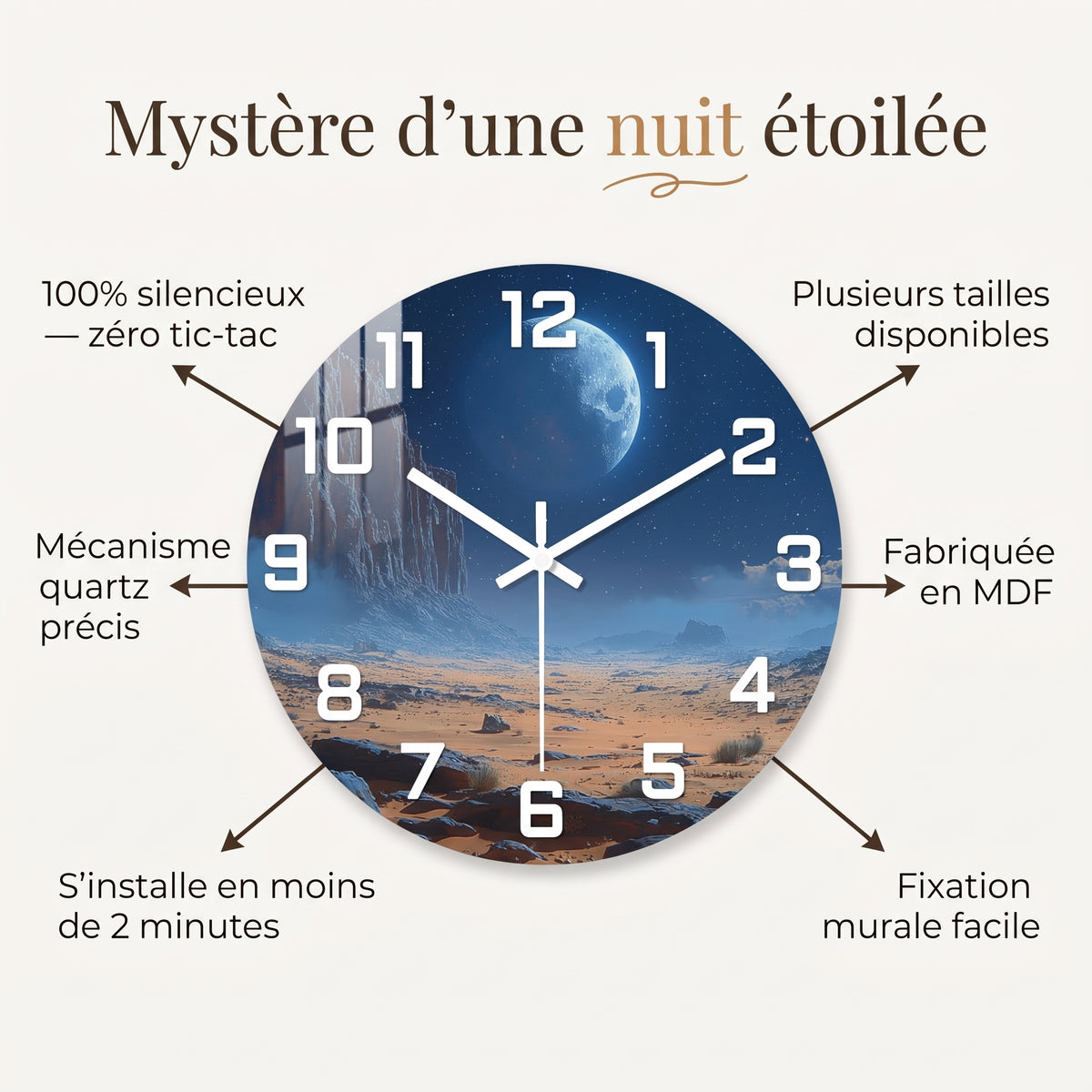 Horloge Murale Originale Désert Lunaire en MDF, Sublime et Décorative – Lunaria