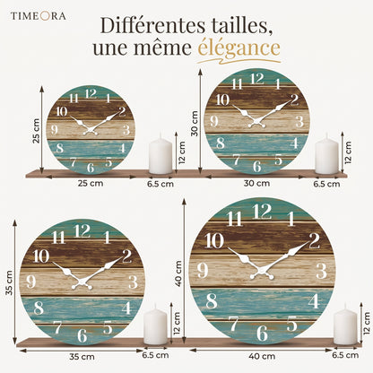 Horloge Murale Originale Silencieuse en Bois, Thème Bord de Mer Bleu et Brun – Côtelia