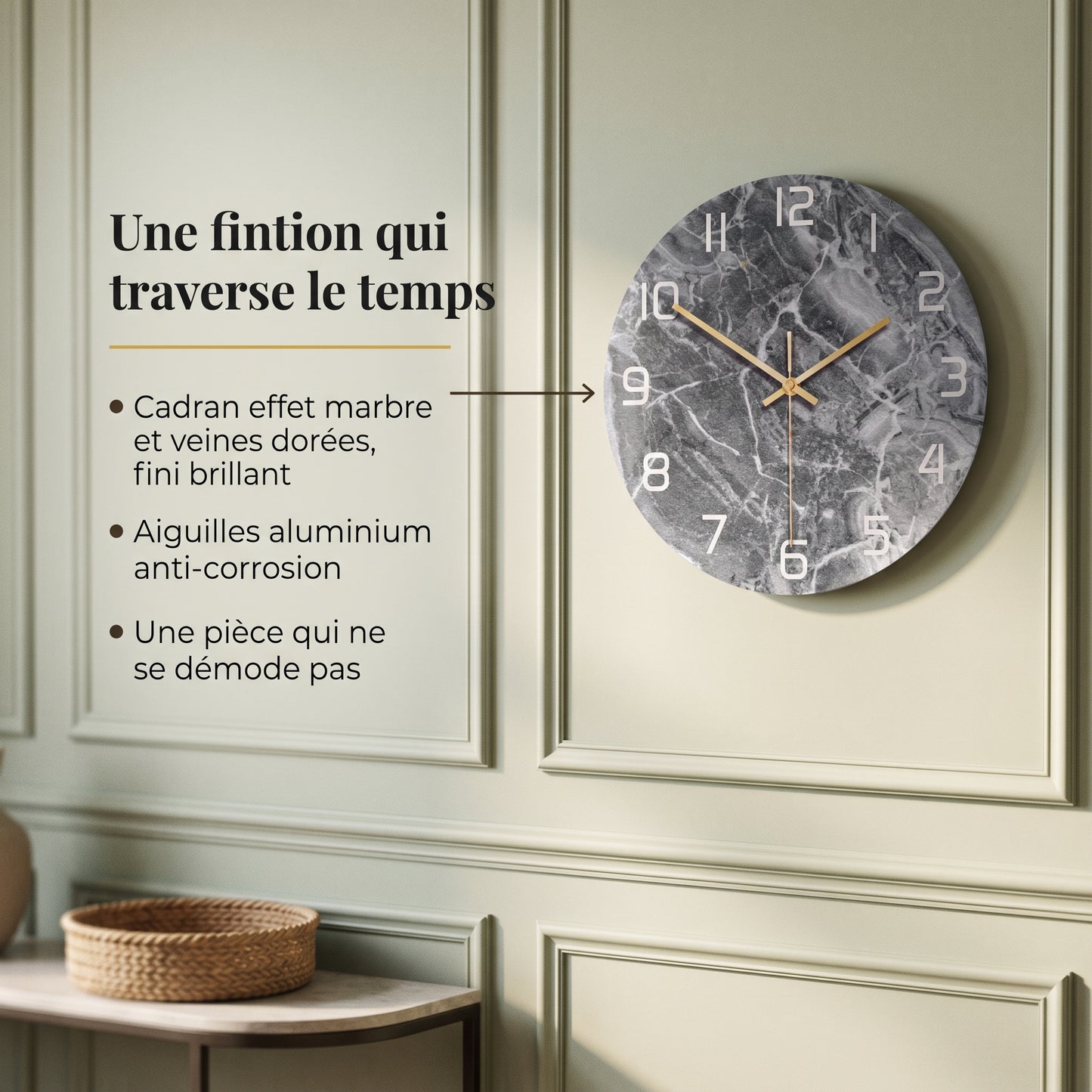 Horloge Murale Design Effet Marbre 3D en Acrylique, Silencieuse – Marbelia