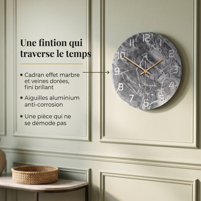 Horloge Murale Design Effet Marbre 3D en Acrylique, Silencieuse – Marbelia