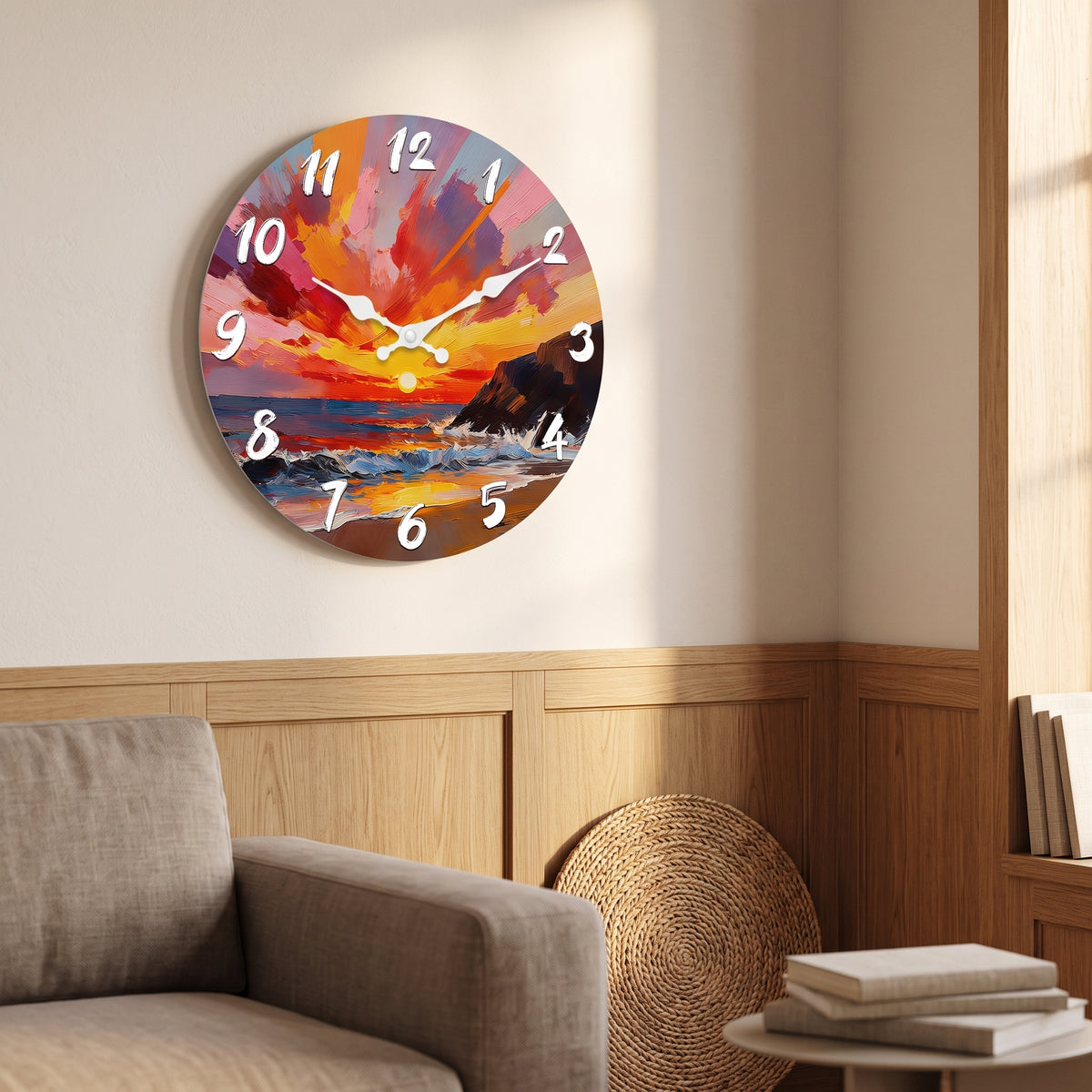 Horloge Murale en Bois Motif Coucher de Soleil Marin, Silencieuse – Horizéa