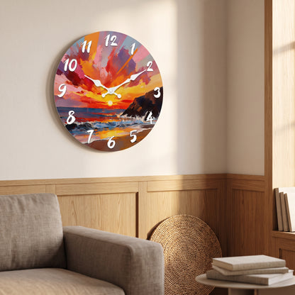 Horloge Murale en Bois Motif Coucher de Soleil Marin, Silencieuse – Horizéa