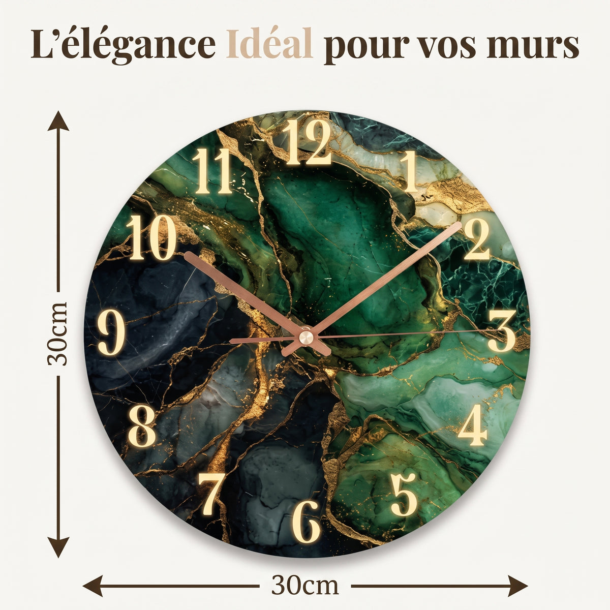 Horloge Murale Design Effet Marbre Vert et Or, Silencieuse et Élégante – Émeraldia