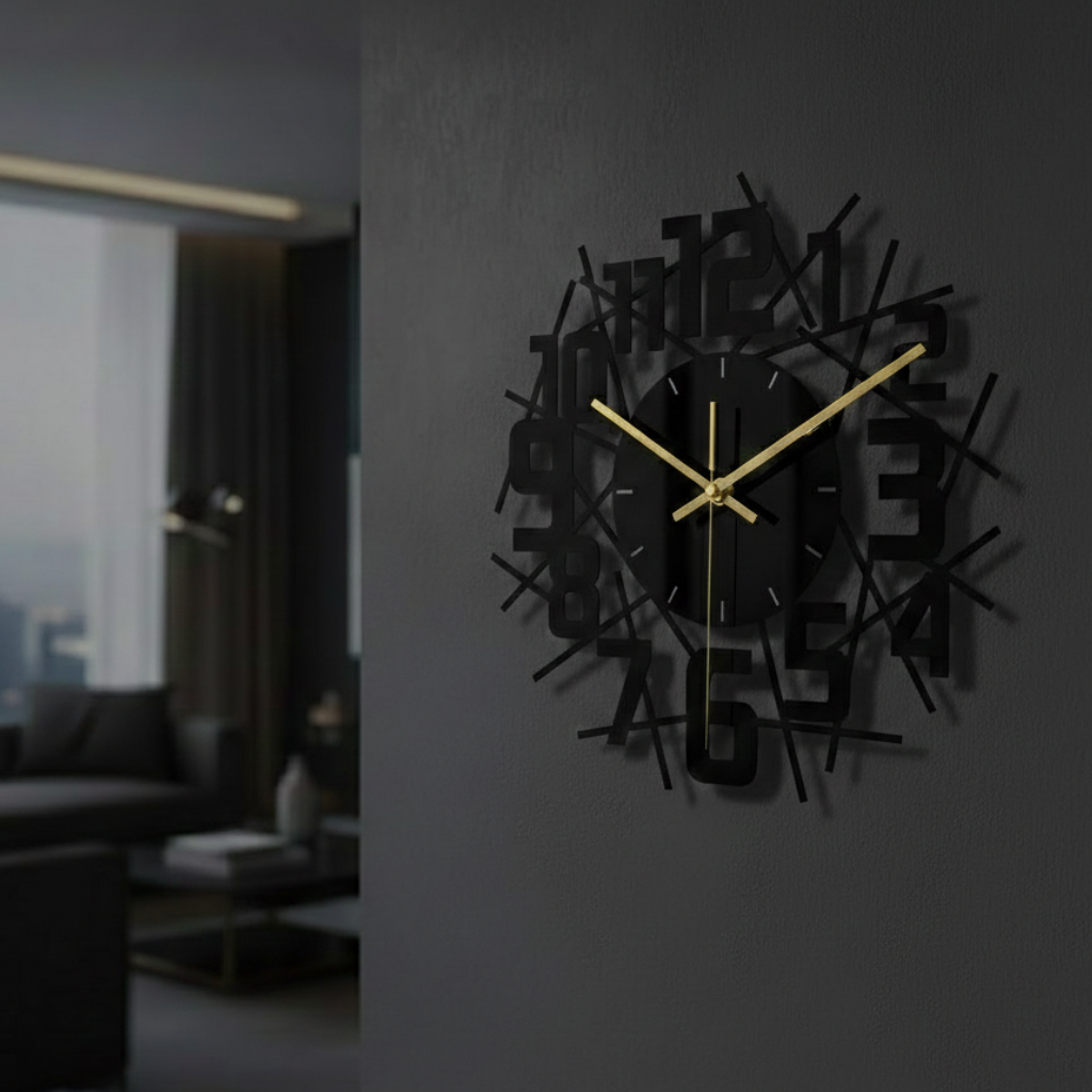 Horloge murale design moderne en acrylique noir, silencieuse et décorative – Noreza