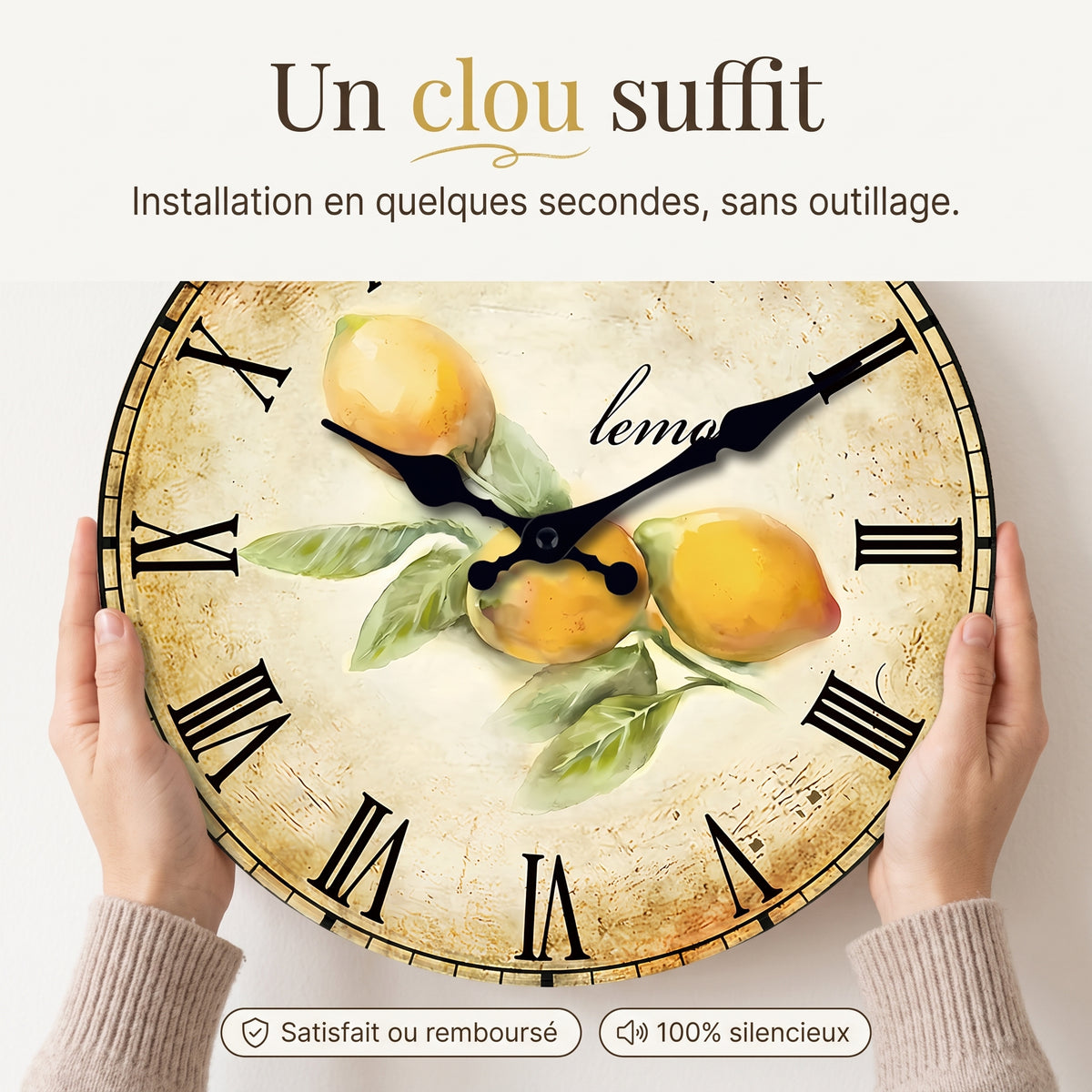Horloge Murale en Bois Silencieuse, Motif Citron Vintage – Limona