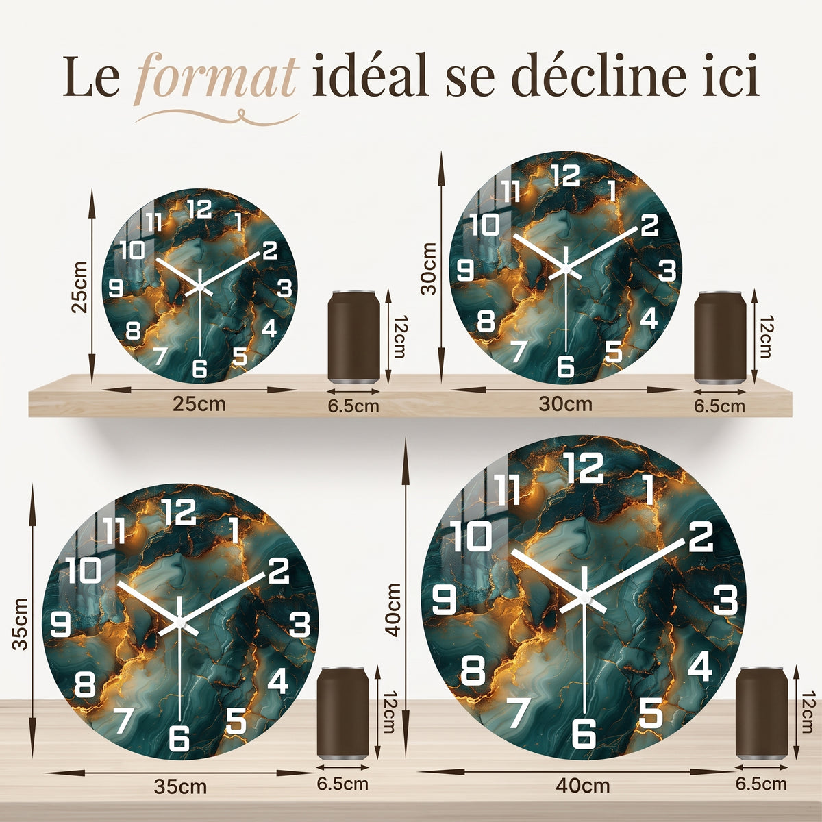 Horloge Murale Design Effet Marbre Bleu Sarcelle et Doré en MDF, Silencieuse et Élégante – Sarcelora