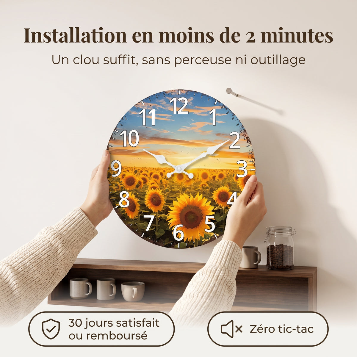 Horloge Murale Originale Jardin de Tournesols en Bois, Silencieuse et Décorative – Tournesia