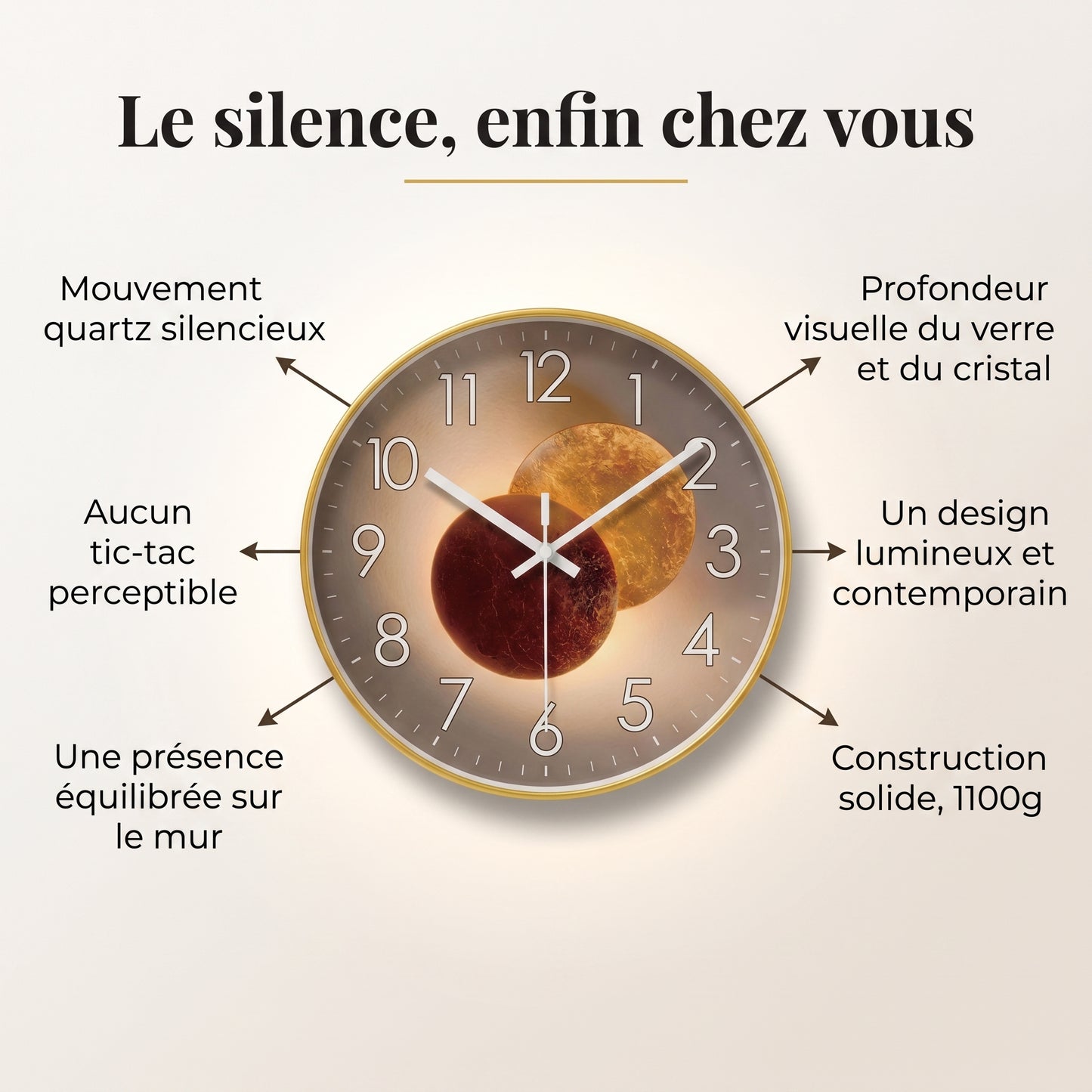 Horloge Murale Design Ronde en Verre et Cristal, Silencieuse et Épurée – Orion