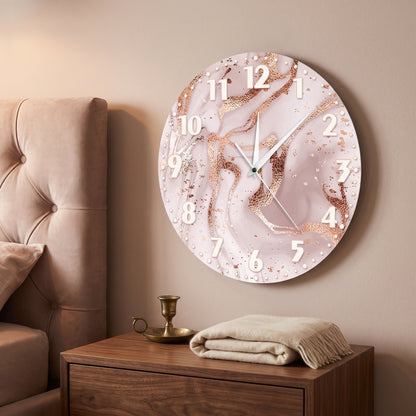 Horloge Murale Design Effet Marbre Rose et Or, Silencieuse et Moderne – Roséa