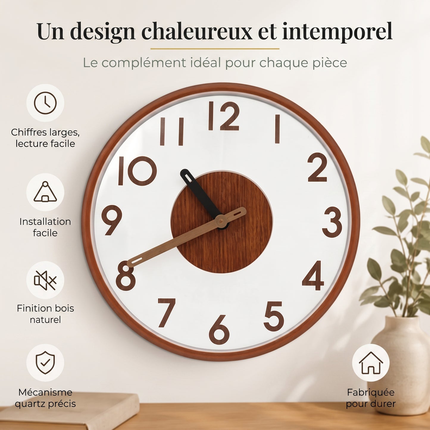 Horloge Murale en Bambou Naturel, Silencieuse et Facile à Lire – Bambusa