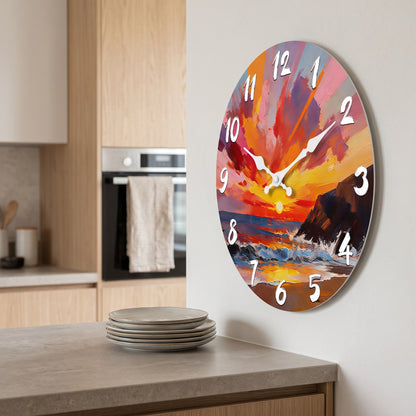 Horloge Murale en Bois Motif Coucher de Soleil Marin, Silencieuse – Horizéa