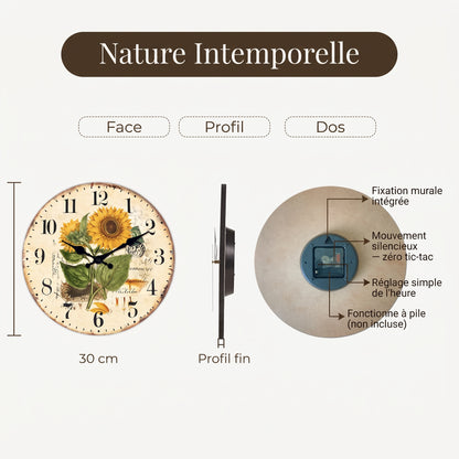 Horloge Murale en Bois, Silencieuse, Motif Tournesols – Héliantha