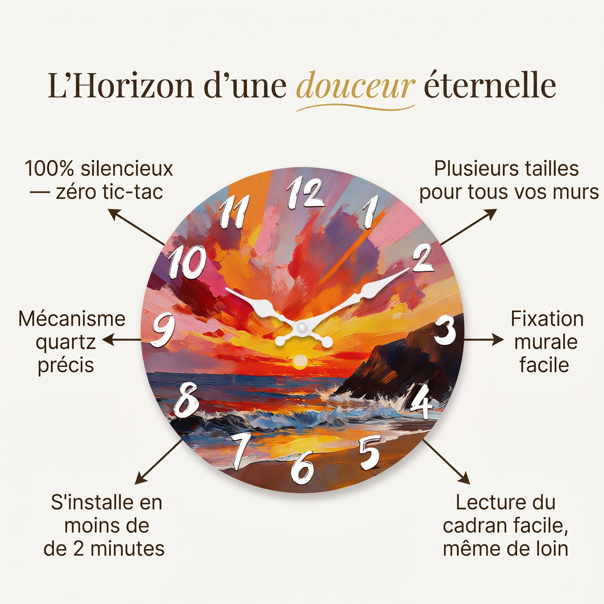 Horloge Murale en Bois Motif Coucher de Soleil Marin, Silencieuse – Horizéa