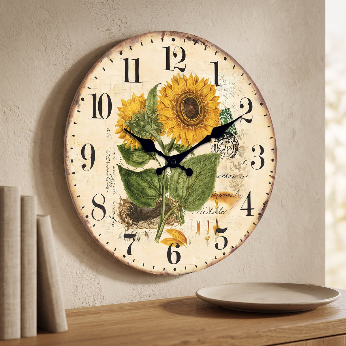 Horloge Murale en Bois, Silencieuse, Motif Tournesols – Héliantha
