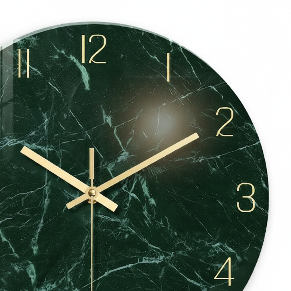 Horloge murale design en verre trempé effet marbre vert, analogique et silencieuse