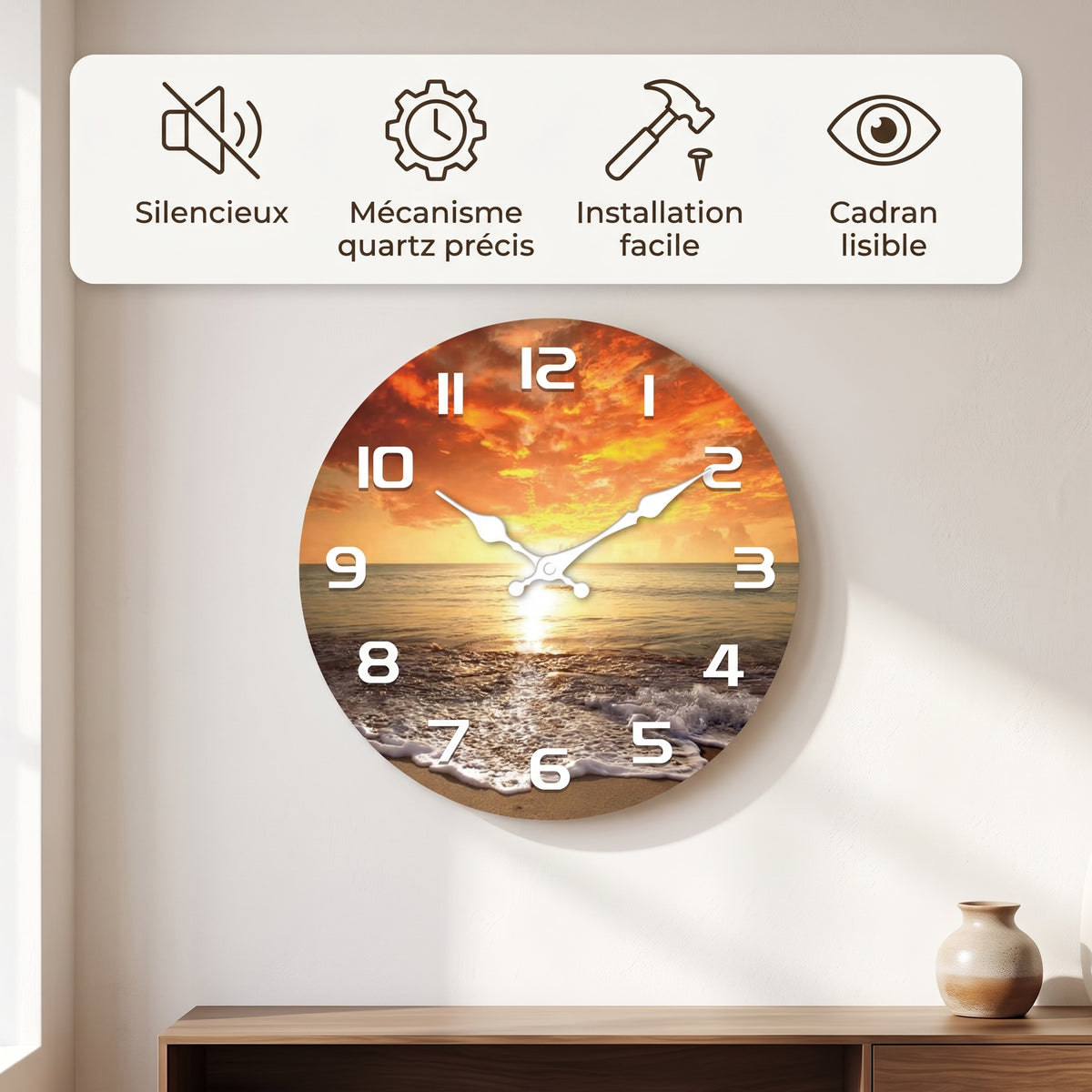 Horloge Murale Originale Plage et Coucher de Soleil en Bois, Silencieuse et Décorative – Sablonia