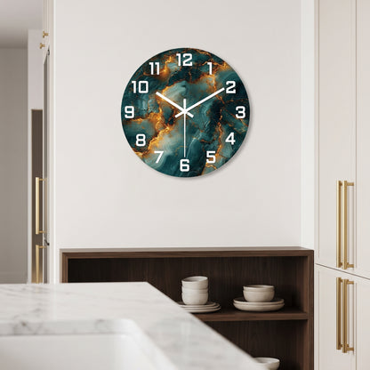Horloge Murale Design Effet Marbre Bleu Sarcelle et Doré en MDF, Silencieuse et Élégante – Sarcelora