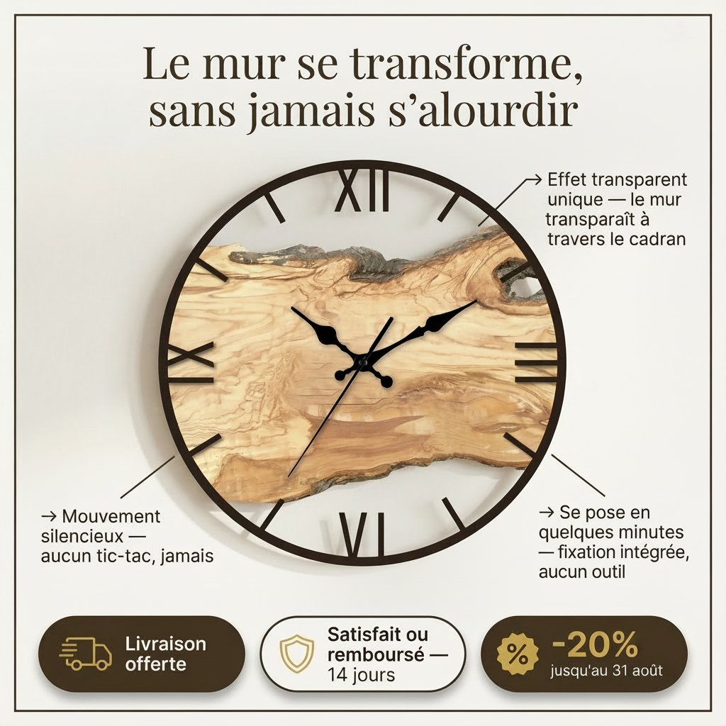Horloge Murale Design Effet Bois Transparente, Silencieuse – Norévia