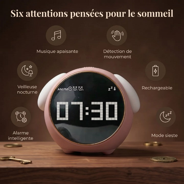 Réveil Enfant Tactile avec Double Alarme, Contrôle Vocal et Veilleuse LED – Doudoo