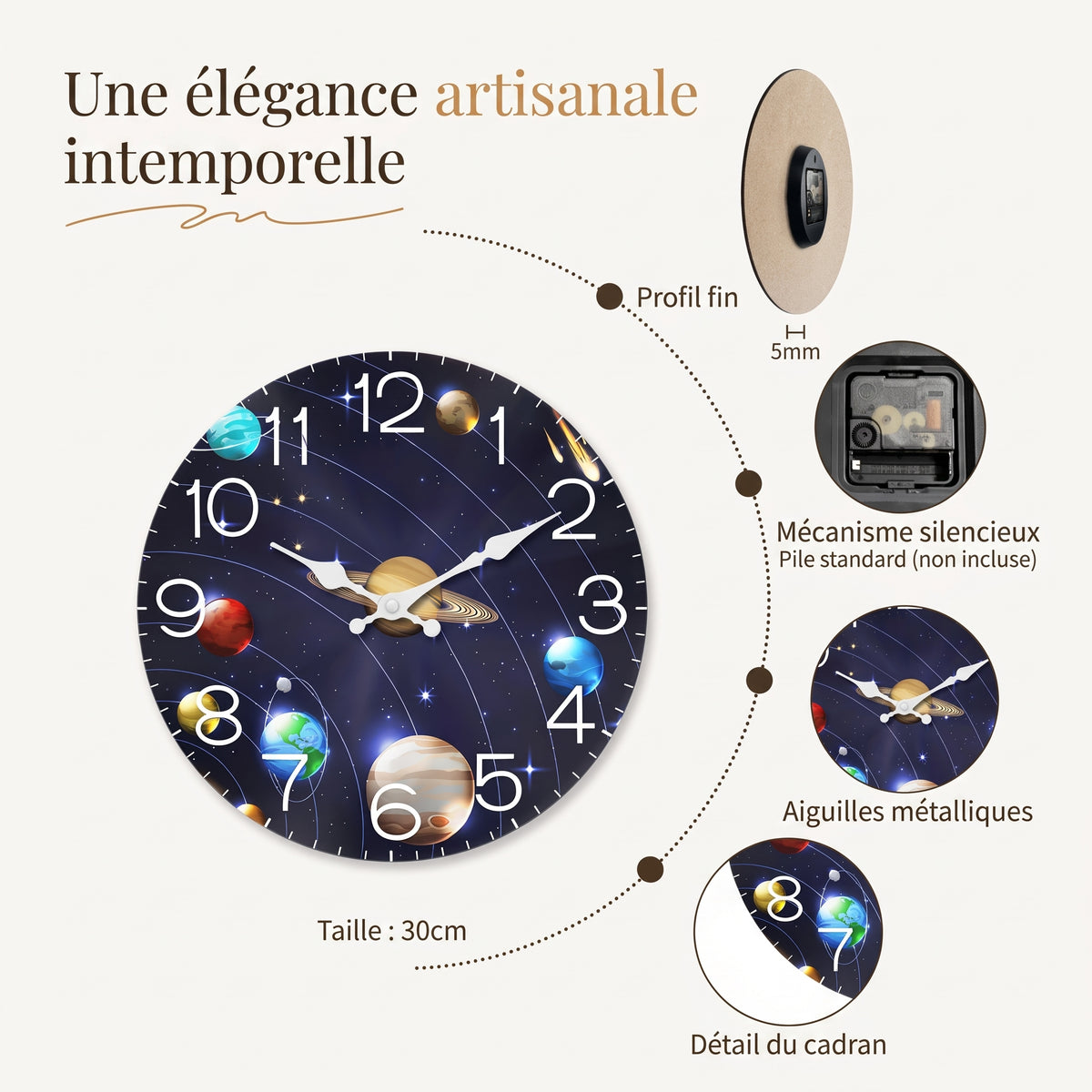 Horloge Murale en Bois Univers et Planètes, Silencieuse et Décorative – Orbéa