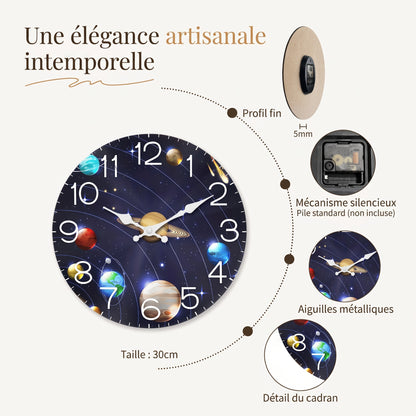 Horloge Murale en Bois Univers et Planètes, Silencieuse et Décorative – Orbéa