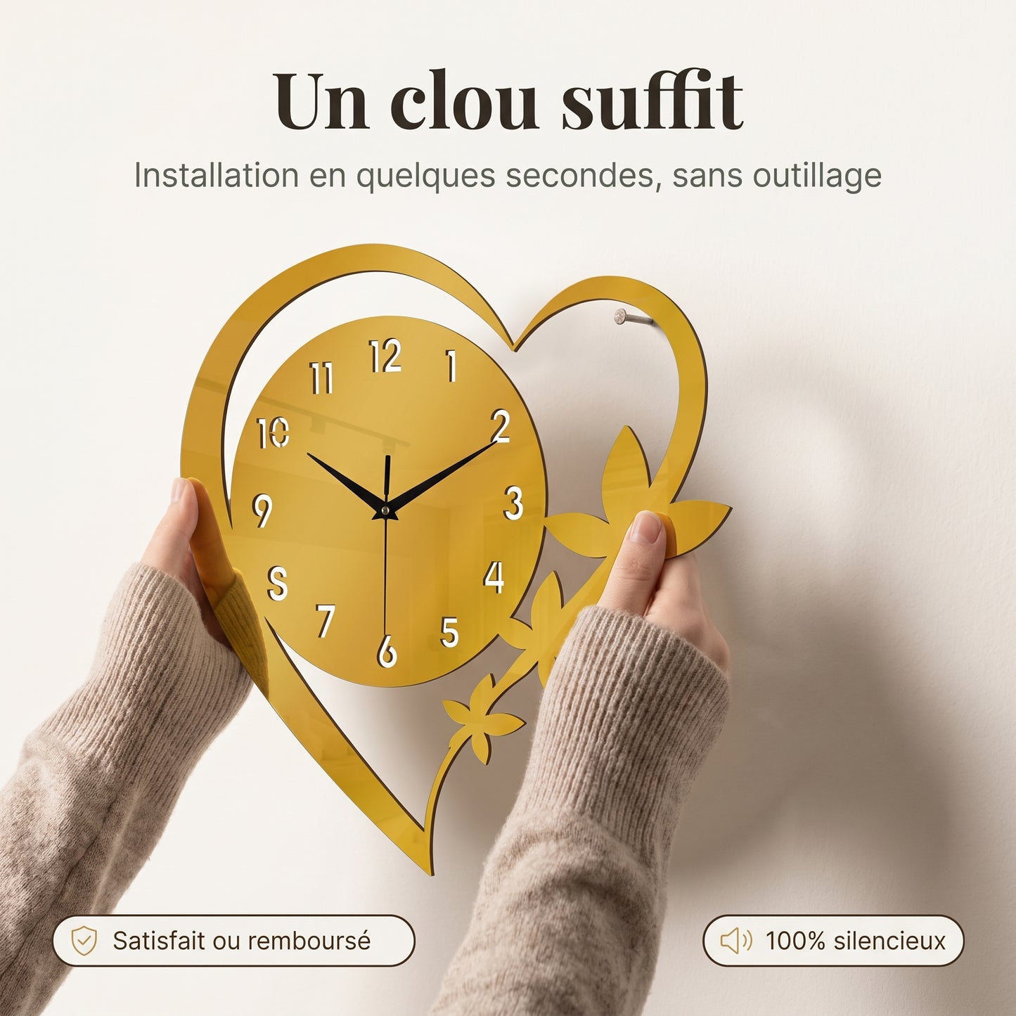 Horloge Murale Design Cœur et Fleur en Acrylique, Silencieuse  – Coeuria