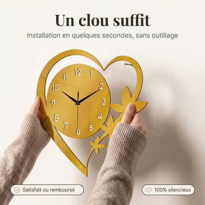 Horloge Murale Design Cœur et Fleur en Acrylique, Silencieuse  – Coeuria