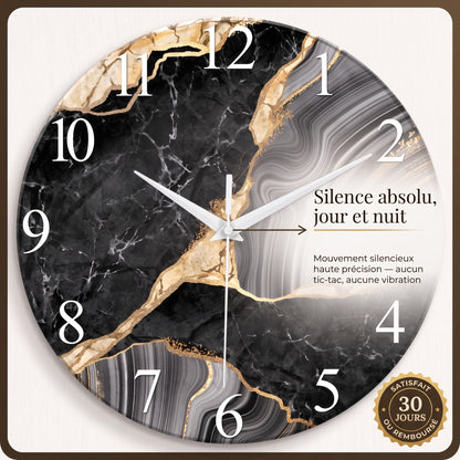 Horloge Murale Design Effet Marbre en Verre Trempé, Silencieuse et Épurée – Marbrix