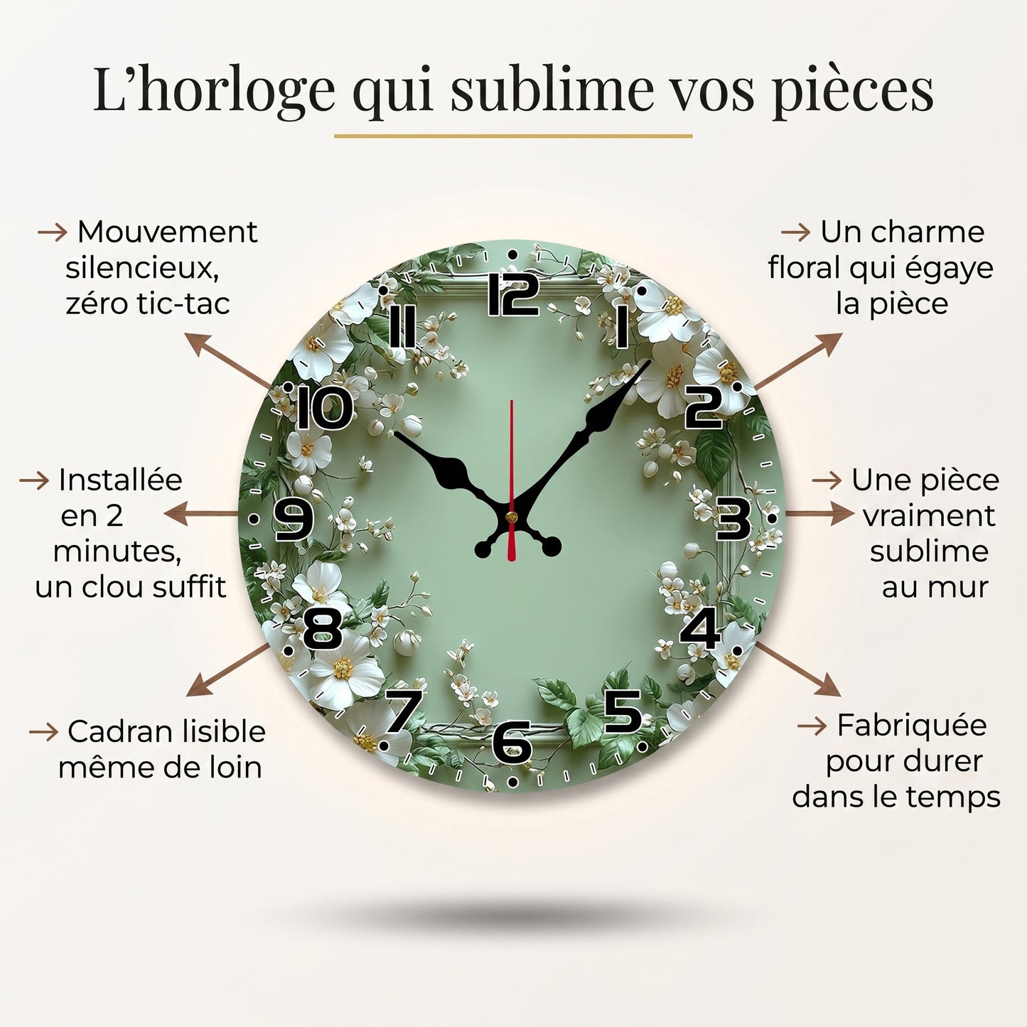 Horloge Murale Design Motif Couronne Florale, Silencieuse et Romantique – Verdana