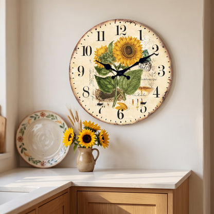 Horloge Murale en Bois, Silencieuse, Motif Tournesols – Héliantha