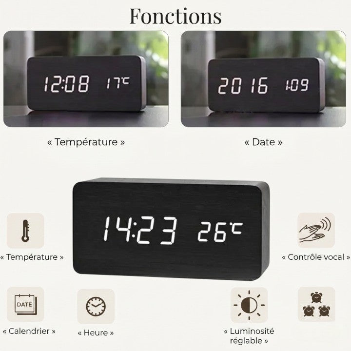 Horloge Numérique LED en Bois avec Température et 3 Alarmes – Niditon