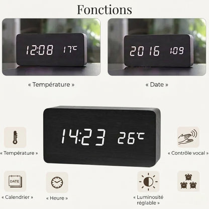 Réveil en Bois LED avec Température et 3 Alarmes – Niditon