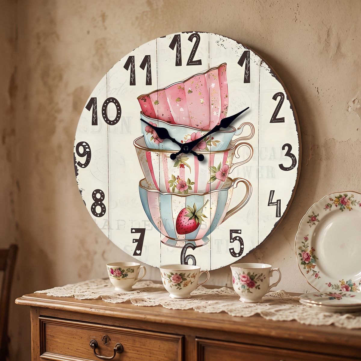 Horloge Murale Vintage Motif Tasse à Thé Fleurie, Silencieuse – Théodine