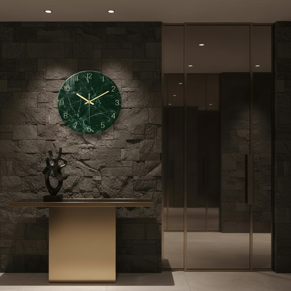 Horloge murale design en verre trempé effet marbre vert, analogique et silencieuse