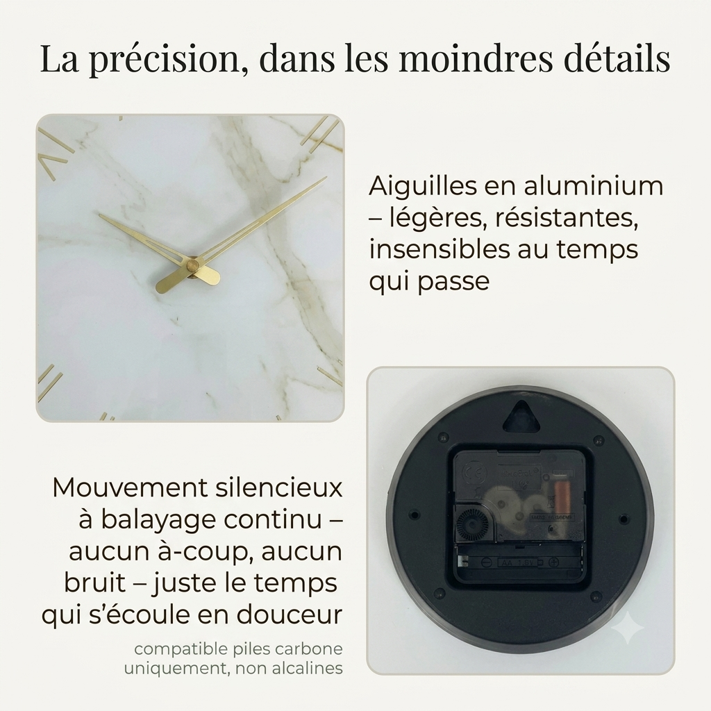 Horloge Murale Design Verre Trempé Effet Marbre, Chiffres Romains Dorés et Silencieuse – Marbreo