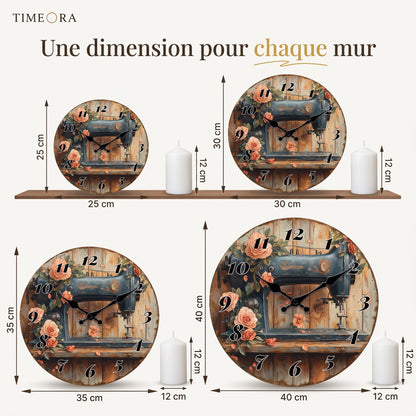 Horloge Murale Machine à Coudre Vintage et Roses, Silencieuse – Brocanta