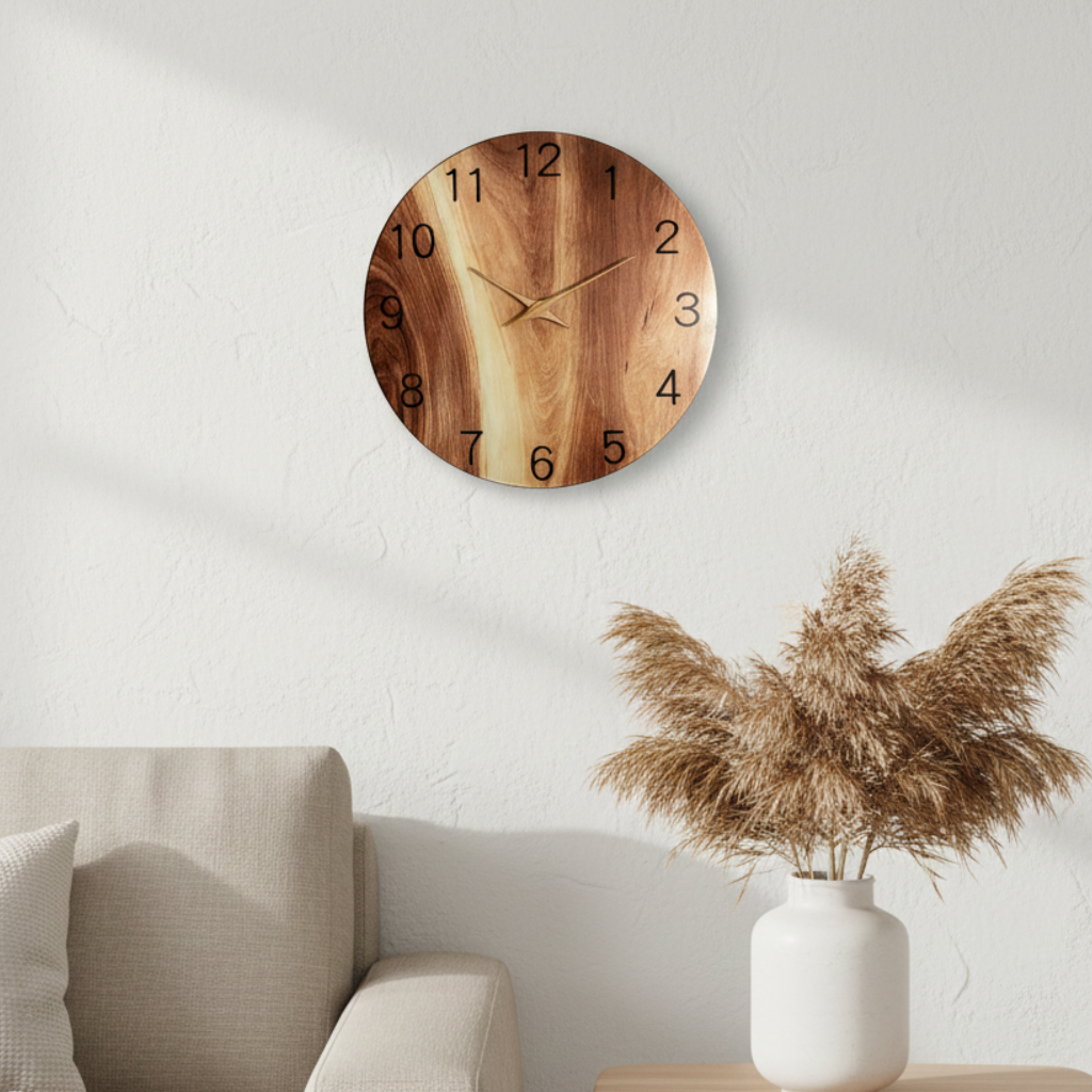 Horloge Murale Design Circulaire en Bois Veiné, Silencieuse et Verre Trempé – Auren