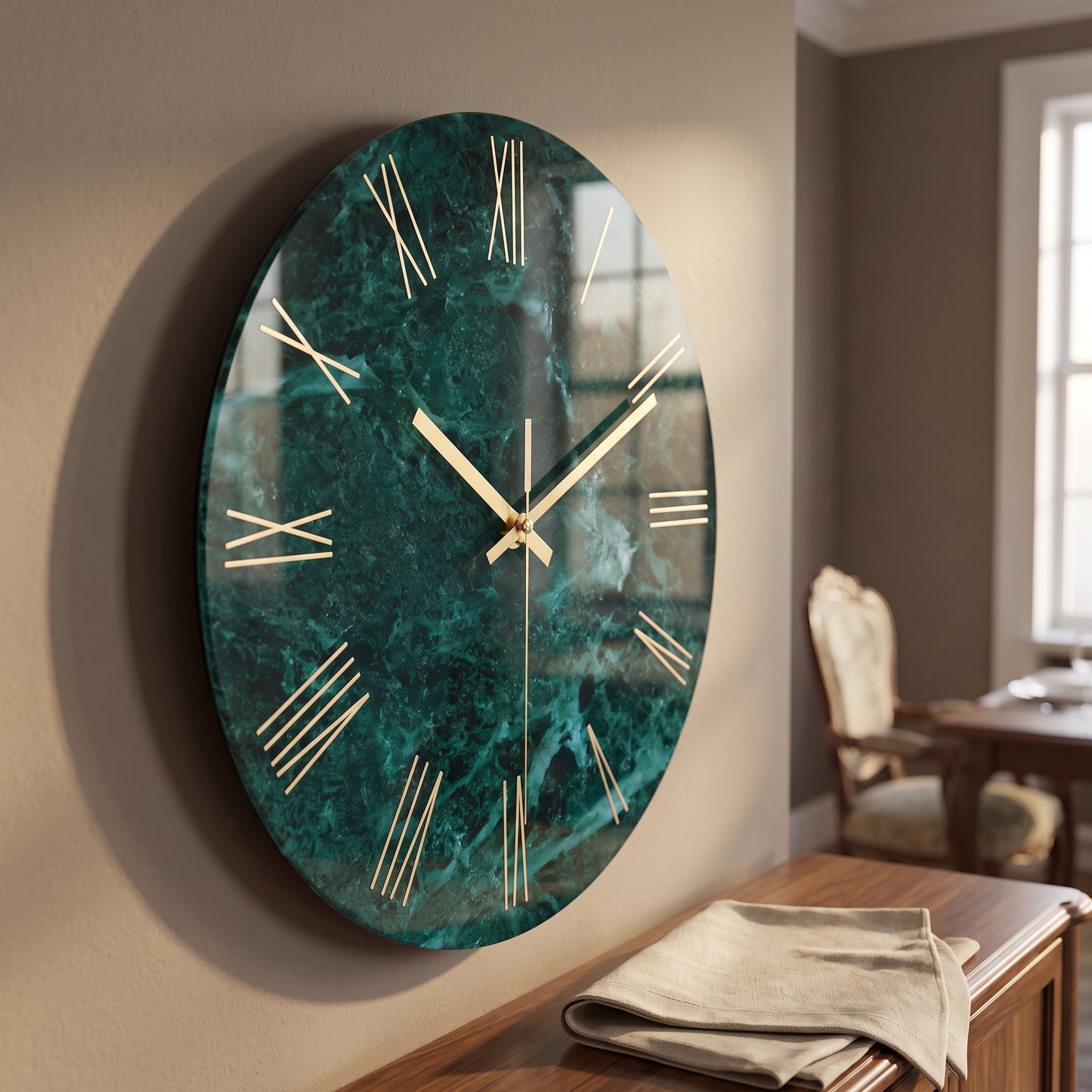 Horloge Murale Design Effet Marbre Vert Foncé en Verre Trempé, Silencieuse et Élégante – Marbréa