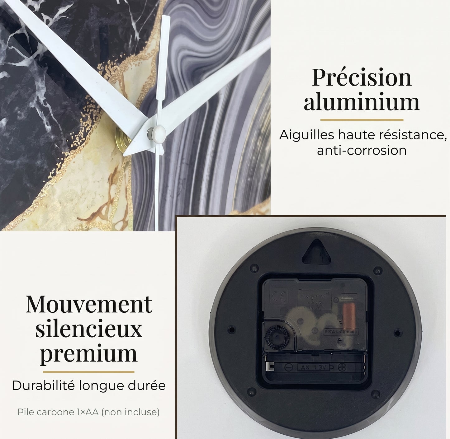 Horloge Murale Design Effet Marbre en Verre Trempé, Silencieuse et Épurée – Marbrix